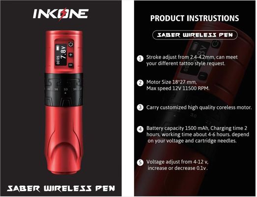 1500mAh ওয়্যারলেস ট্যাটু বন্দুক INKONE SABER কোরলেস ট্যাটু মেশিন পেন শক্তিশালী মোটর লং স্ট্রোক 4.2mm বিমান অ্যালুমিনিয়াম সরবরাহকারী